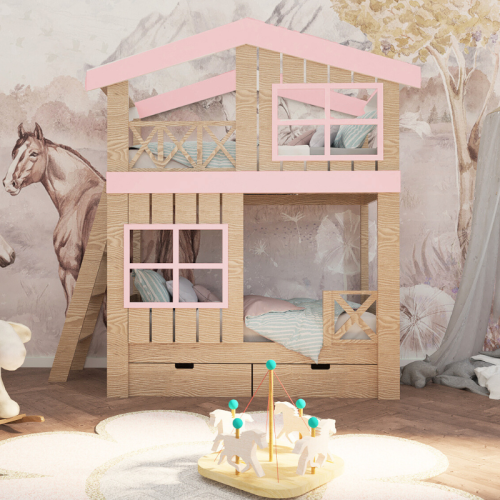 łóżko piętrowe Tree House ze sklejki, domek na drzewie z oknem i dachem w pokoju dziecka