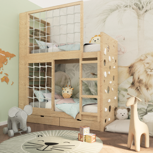 łóżko piętrowe Adventure Loft z linami i regałem, drewniane łóżko piętrowe dla dzieci