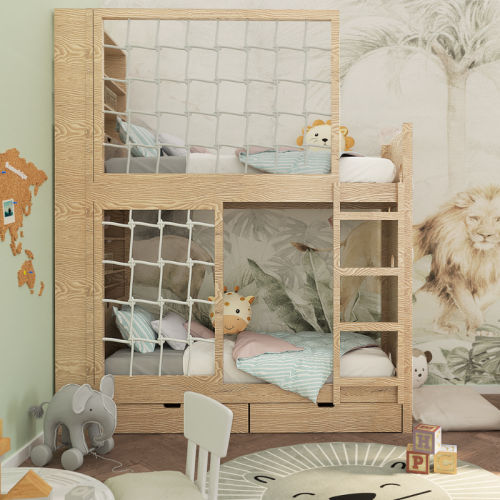 łóżko piętrowe Adventure Loft z linowymi barierkami i schodkami z szufladami w pokoju dziecka