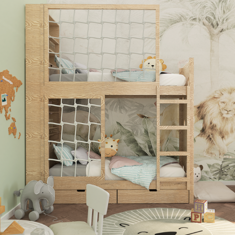 łóżko piętrowe Adventure Loft z linowymi barierkami i schodkami z szufladami w pokoju dziecka