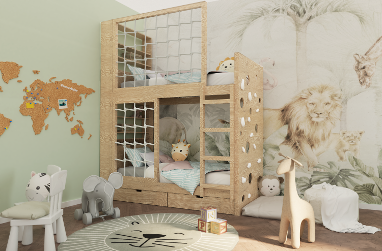 łóżko piętrowe Adventure Loft w aranżacji pokoju dziecka, łóżko z linami i regałem