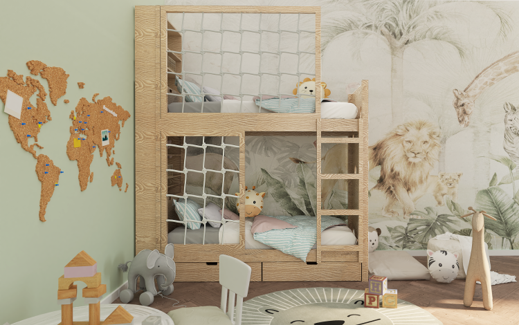 łóżko piętrowe Adventure Loft dla aktywnych dzieci, ścianka wspinaczkowa i strefa zabawy