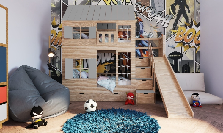 drewniane łóżko piętrowe ze zjeżdżalnią Bunk Park, łóżko plac zabaw do pokoju dziecka