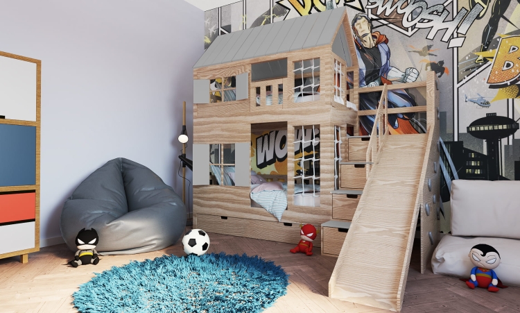 Łóżko piętrowe Bunk Park z zjeżdżalnią, ścianką wspinaczkową i szafkami w schodach