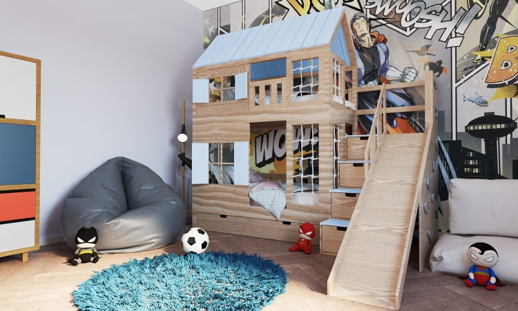 Łóżko piętrowe Bunk Park z zjeżdżalnią, ścianką wspinaczkową i szafkami w schodach
