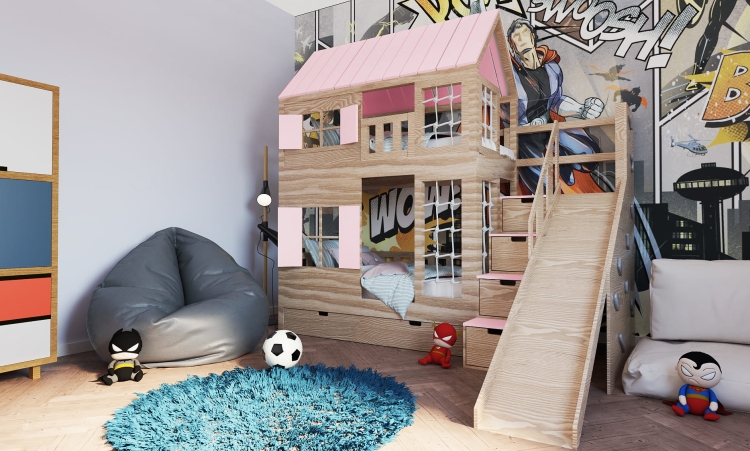 Łóżko piętrowe Bunk Park z zjeżdżalnią, ścianką wspinaczkową i szafkami w schodach