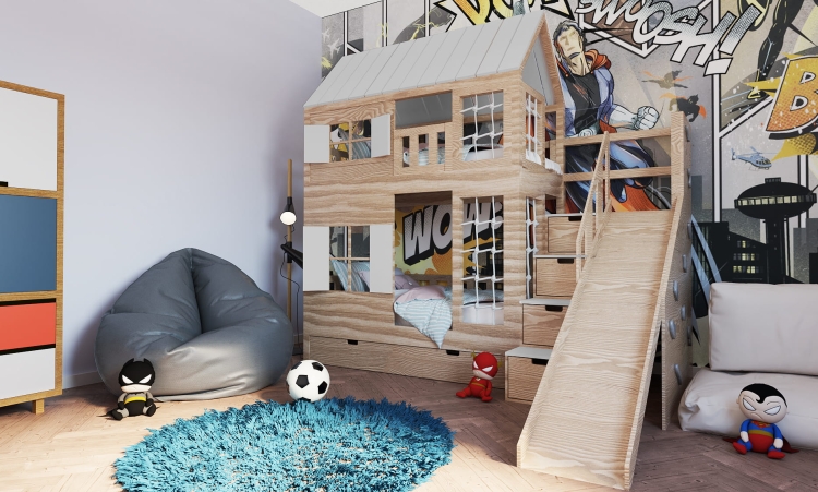 Łóżko piętrowe Bunk Park z zjeżdżalnią, ścianką wspinaczkową i szafkami w schodach