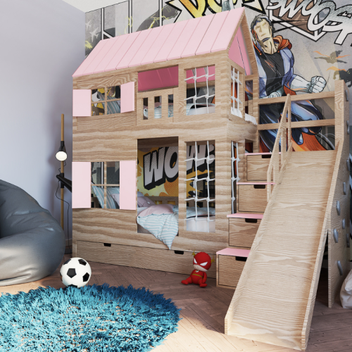 Łóżko piętrowe Bunk Park z zjeżdżalnią, ścianką wspinaczkową i szafkami w schodach