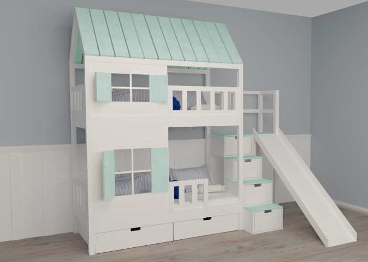 łóżko piętrowe Nest & Rest dla dwójki dzieci, konstrukcja domek z okiennicami