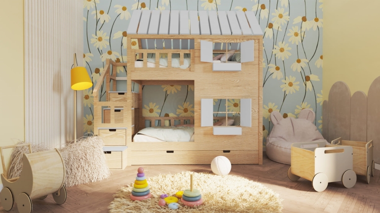 przytulne łóżko domek Nest & Rest w stylu skandynawskim, drewniane łóżko piętrowe dla dziecka