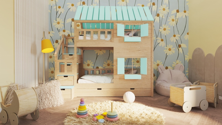 przytulne łóżko domek Nest & Rest w stylu skandynawskim, drewniane łóżko piętrowe dla dziecka