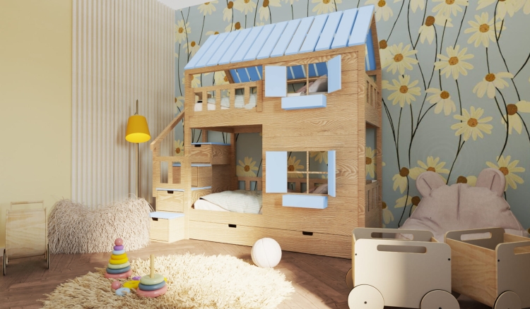 przytulne łóżko domek Nest & Rest w stylu skandynawskim, drewniane łóżko piętrowe dla dziecka