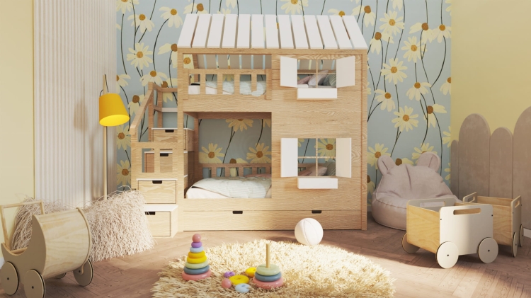 przytulne łóżko domek Nest & Rest w stylu skandynawskim, drewniane łóżko piętrowe dla dziecka