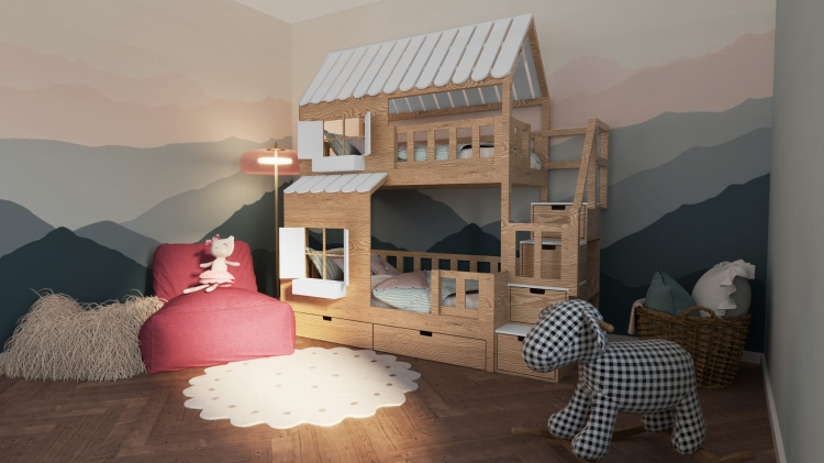 Łóżko piętrowe Pent House z szerokim dołem, schodkami i dachem – idealne miejsce do snu i zabawy dla dzieci