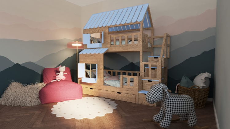 Łóżko piętrowe Pent House z szerokim dołem, schodkami i dachem – idealne miejsce do snu i zabawy dla dzieci