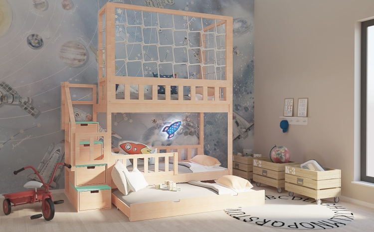 Łóżko piętrowe Jungle Park z linami i schodkami, idealne miejsce do zabawy i snu dla dzieci