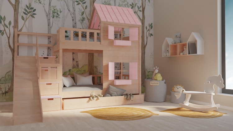 łóżko piętrowe domek Slide & Hide w aranżacji pokoju rodzeństwa