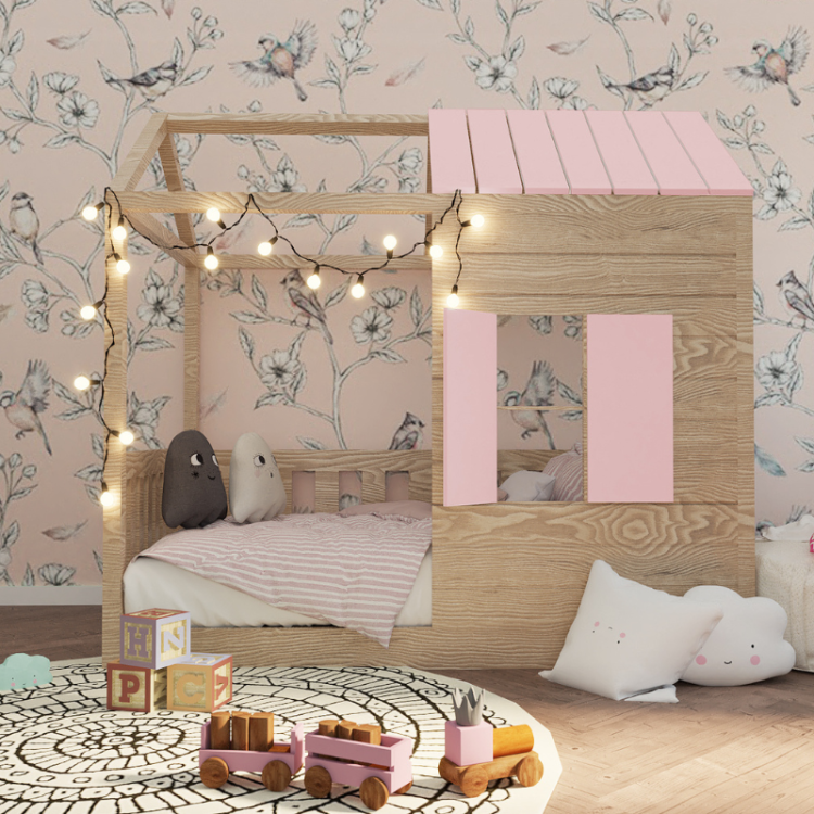 Łóżko domek Dream Cottage – przytulne drewniane łóżko dla dzieci z daszkiem i okienkami
