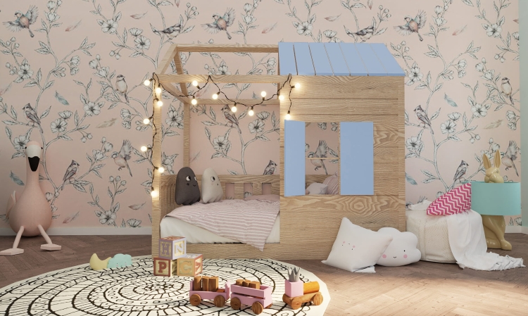 Łóżko domek Dream Cottage – przytulne drewniane łóżko dla dzieci z daszkiem i okienkami