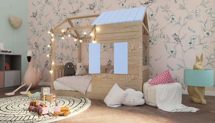 Łóżko domek Dream Cottage – przytulne drewniane łóżko dla dzieci z daszkiem i okienkami