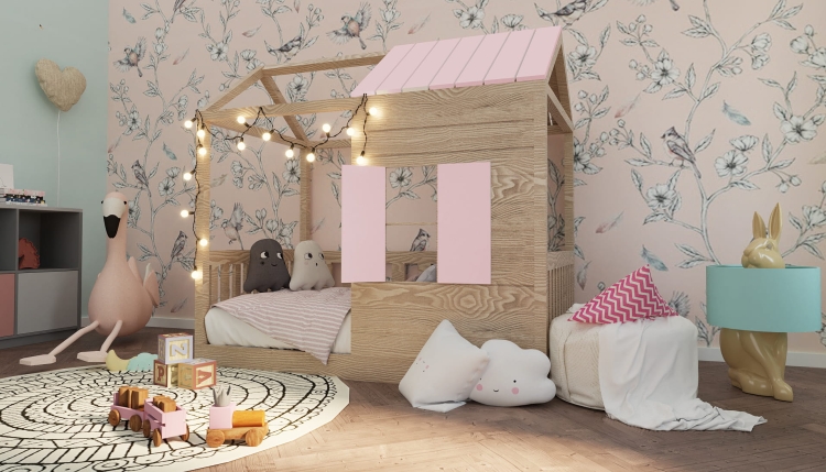 Łóżko domek Dream Cottage – przytulne drewniane łóżko dla dzieci z daszkiem i okienkami
