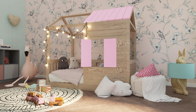 Łóżko domek Dream Cottage – przytulne drewniane łóżko dla dzieci z daszkiem i okienkami