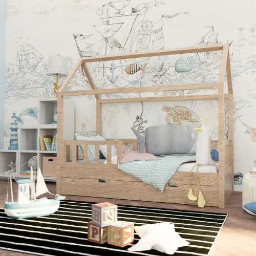 łóżko domek dla dzieci Simple House z drewnianą ramą w pokoju dziecięcym