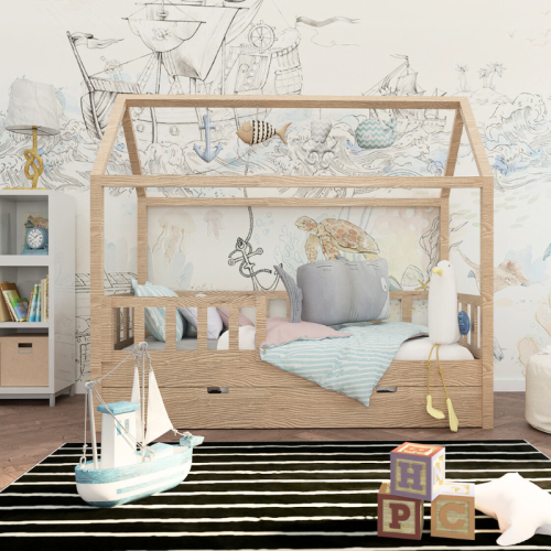 drewniane łóżko domek Simple House z prostą minimalistyczną konstrukcją