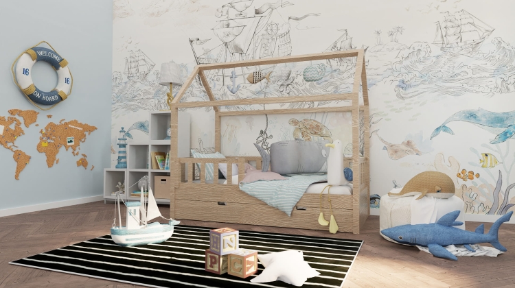 łóżko dziecięce w kształcie domku Simple House z materacem i tekstyliami