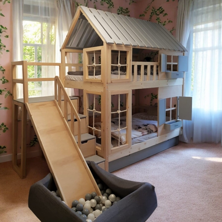 łóżko piętrowe Bunk Park z drabinką wspinaczkową, zjeżdżalnią i schodami z szafkami, pokój dziecięcy