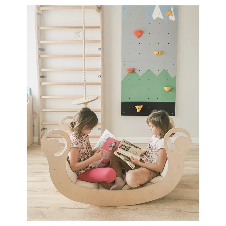 dziecięcy duży bujak montessori drewniany z poduszką