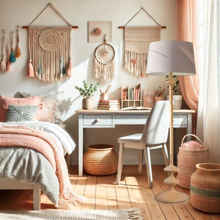 Duża lampa podłogowa z abażurem z naturalnego lnu, idealna do wnętrz vintage