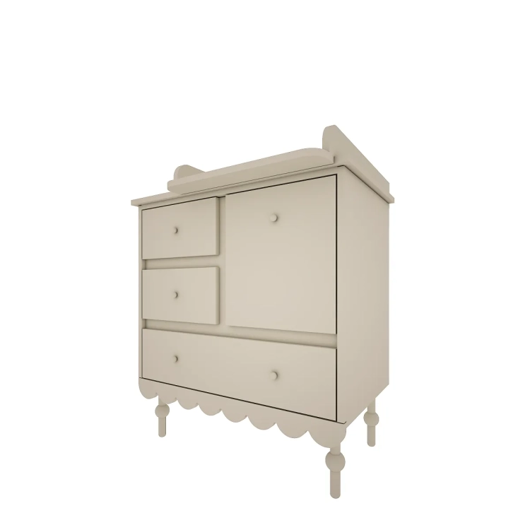 Niska oliwkowa komoda Babushka z szufladami i szafką w stylu retro. Funkcjonalna i bezpieczna komoda dziecięca od Wood Luck Design