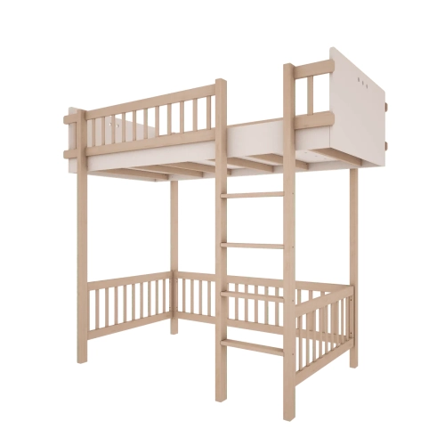Łóżko antresola białe BASIC 90x200 cm z przestrzenią pod spodem, Minimalistyczne łóżko wysokie w kolorze złamanej bieli, Łóżko młodzieżowe z drabinką i miejscem do zagospodarowania