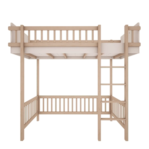 Łóżko antresola białe BASIC 90x200 cm z przestrzenią pod spodem, Minimalistyczne łóżko wysokie w kolorze złamanej bieli, Łóżko młodzieżowe z drabinką i miejscem do zagospodarowania