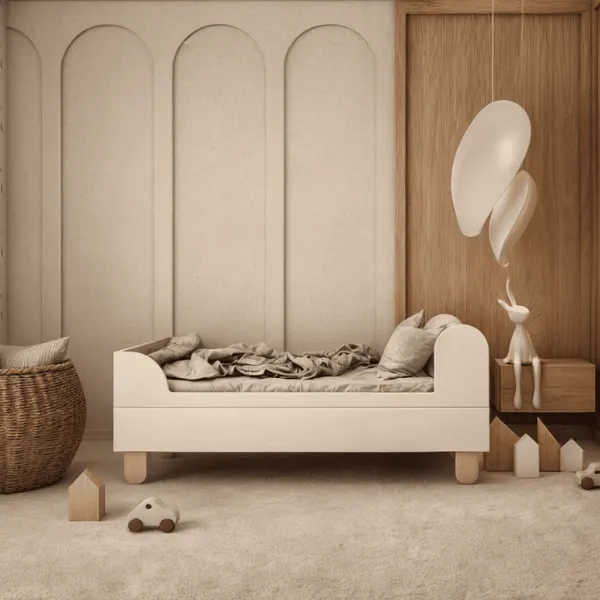 łóżko dziecięce 80x200 cm, minimalistyczne białe łóżko dla dzieci, łóżko młodzieżowe z MDF, eleganckie łóżko Wood Luck Design
