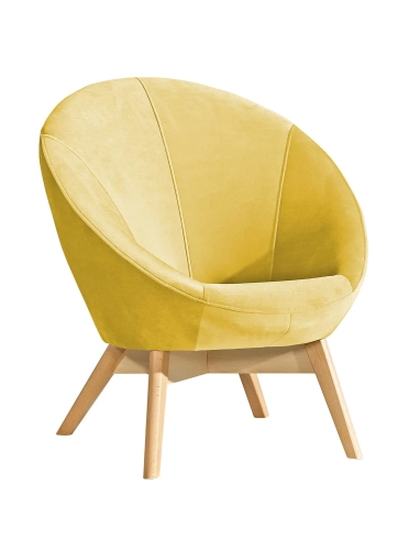 fotel młodzieżowy Patio żółty, elegancki fotel welurowy, żółty fotel z drewnianymi nóżkami, muszelkowy design fotela Patio, fotel żółty do pokoju dziecka