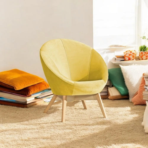 fotel młodzieżowy Patio żółty, elegancki fotel welurowy, żółty fotel z drewnianymi nóżkami, muszelkowy design fotela Patio, fotel żółty do pokoju dziecka