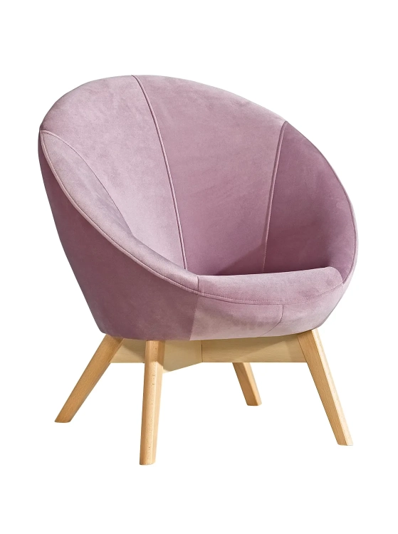 fotel młodzieżowy Patio różowy, elegancki fotel welurowy, różowy fotel z drewnianymi nóżkami, muszelkowy design fotela Patio, fotel różowy do pokoju dziecka