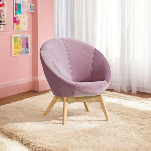 fotel młodzieżowy Patio różowy, elegancki fotel welurowy, różowy fotel z drewnianymi nóżkami, muszelkowy design fotela Patio, fotel różowy do pokoju dziecka