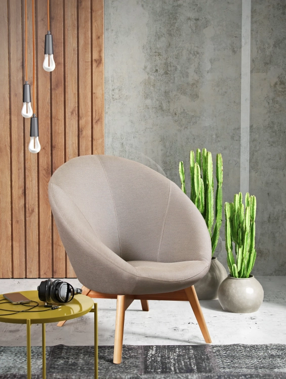 fotel młodzieżowy Patio beżowy, elegancki fotel welurowy, beżowy fotel z drewnianymi nóżkami, muszelkowy design fotela Patio, fotel beżowy do pokoju dziecka