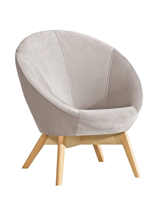 fotel młodzieżowy Patio beżowy, elegancki fotel welurowy, beżowy fotel z drewnianymi nóżkami, muszelkowy design fotela Patio, fotel beżowy do pokoju dziecka