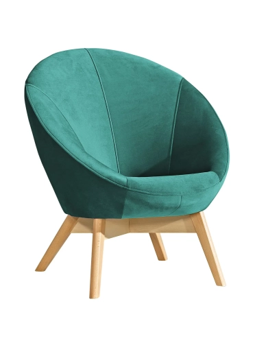 fotel młodzieżowy Patio butelkowa zieleń, elegancki fotel welurowy zielony, zielony fotel z drewnianymi nóżkami, muszelkowy design fotela Patio, fotel zielony do pokoju dziecka
