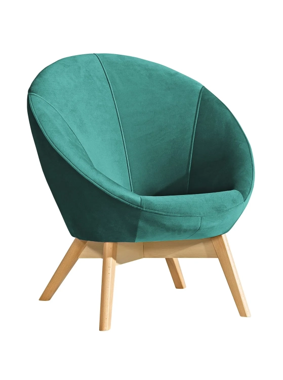 fotel młodzieżowy Patio butelkowa zieleń, elegancki fotel welurowy zielony, zielony fotel z drewnianymi nóżkami, muszelkowy design fotela Patio, fotel zielony do pokoju dziecka