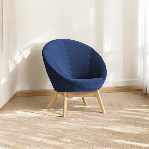 fotel młodzieżowy Patio granatowy, elegancki fotel welurowy granatowy, granatowy fotel z drewnianymi nóżkami, muszelkowy design fotela Patio, fotel granatowy do pokoju chłopca