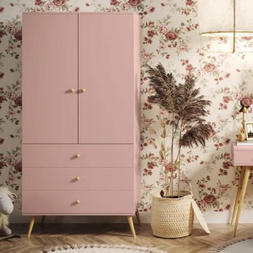 szafa Powder Harmony pastelowy róż, szafa z szufladami i drążkiem, stylowa szafa do sypialni, funkcjonalna szafa w stylu boho, szafa z cichym domykiem pastelowy róż