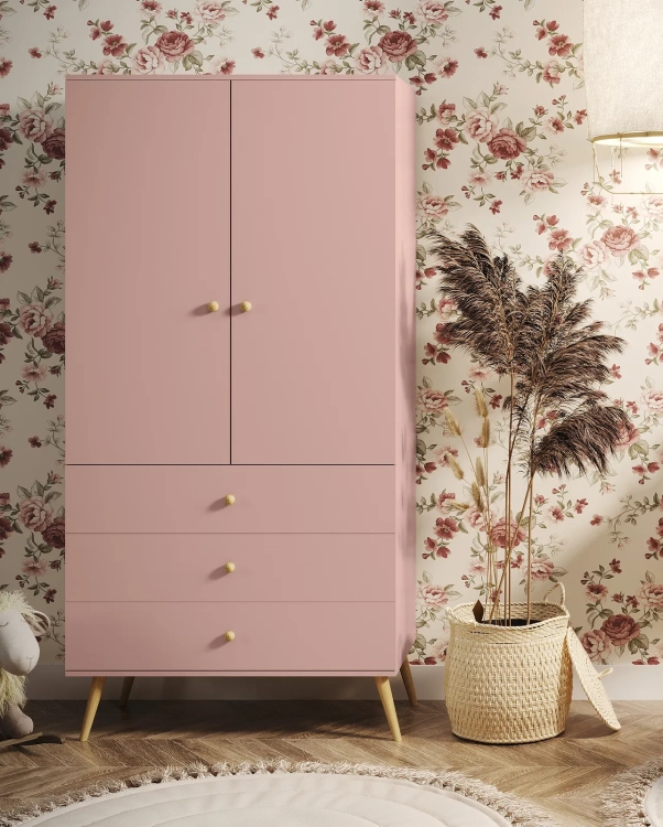 szafa Powder Harmony pastelowy róż, szafa z szufladami i drążkiem, stylowa szafa do sypialni, funkcjonalna szafa w stylu boho, szafa z cichym domykiem pastelowy róż