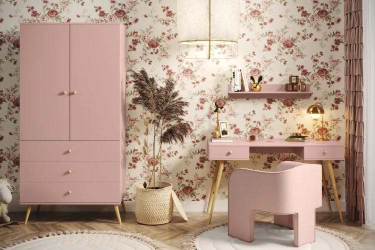 szafa Powder Harmony pastelowy róż, szafa z szufladami i drążkiem, stylowa szafa do sypialni, funkcjonalna szafa w stylu boho, szafa z cichym domykiem pastelowy róż