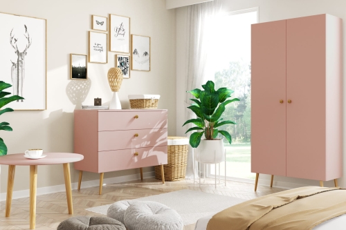 szafa Powder Harmony 2 pastelowy róż, szafa z 5 półkami w stylu boho, stylowa szafa na drewnianych nóżkach, funkcjonalna szafa z regulowanymi półkami, szafa boho do sypialni