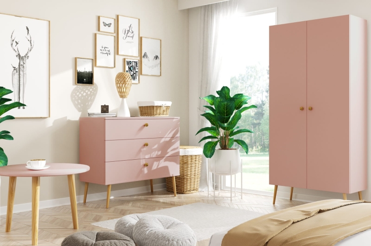 szafa Powder Harmony 2 pastelowy róż, szafa z 5 półkami w stylu boho, stylowa szafa na drewnianych nóżkach, funkcjonalna szafa z regulowanymi półkami, szafa boho do sypialni